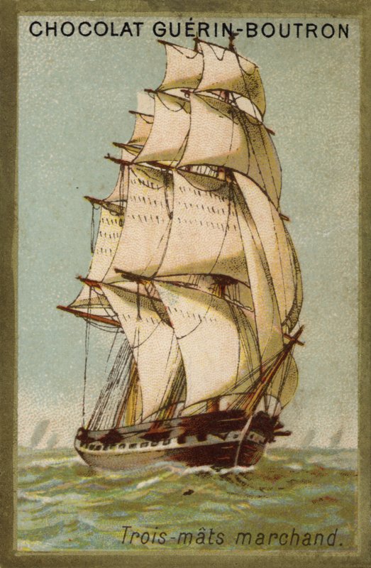 Tre-mastet handelsskip (chromolitho) av French School