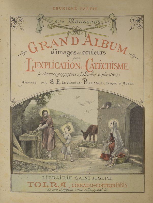 Tittelside for del 2 av Grand Album d'Images en Couleurs for forklaringen av katekismen (farge litho) av French School