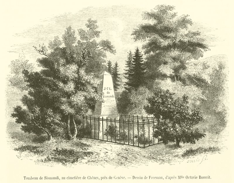 Graven til Sismondi, på kirkegården i Chenes, nær Genève (gravering) av French School