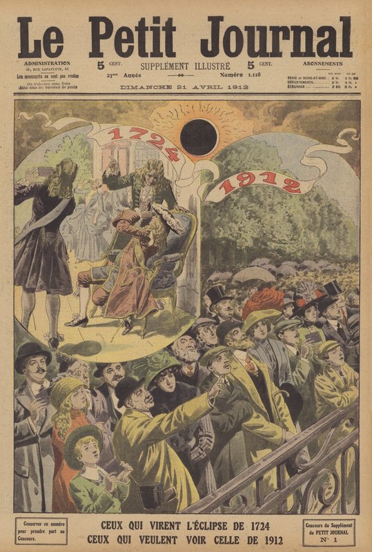 Totale solformørkelser i 1724 og 1912 (farge litho) av French School