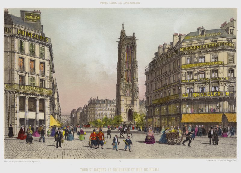 St Jacques-La-Boucherie-tårnet og Rue De Rivoli (litho-farge) av French School