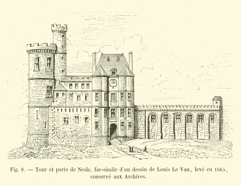 Nesle tårn og port, faksimile av en tegning av Louis Le Vau, tegnet i 1665, bevart i arkivet av French School