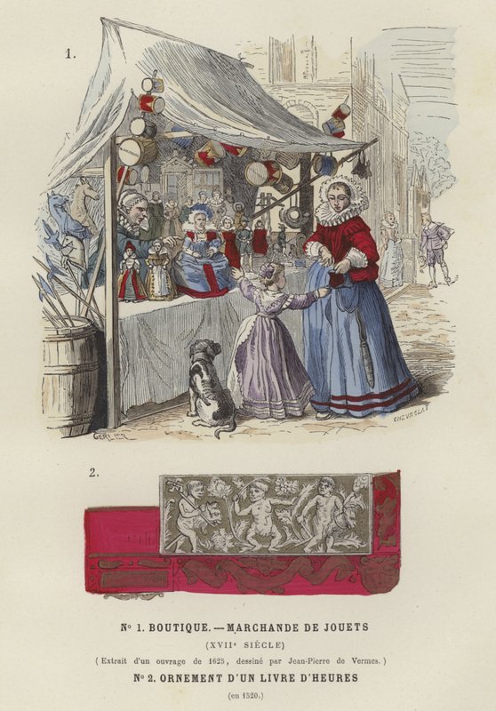 Lekebod, 1600-tallet, og dekorative detaljer fra en timebok, 1520 av French School