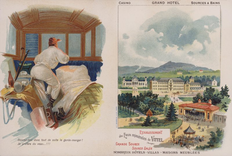 Handelskort som reklamerer for det franske spa-feriestedet Vittel (chromolitho) av French School