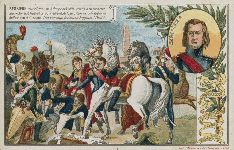 Byttekort med et bilde som viser Napoleon Bonaparte ved Ratisbonne av French School