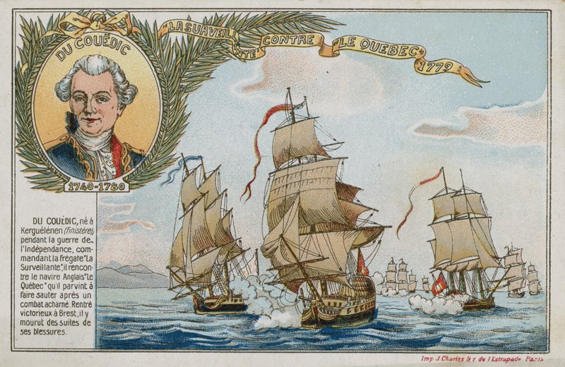 Byttekort med et bilde som viser Surveillante mot HMS Quebec av French School