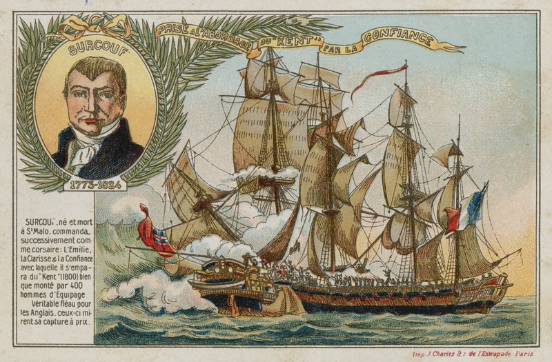 Byttekort med et bilde som viser fangsten av East Indiaman Kent av Confiance av French School