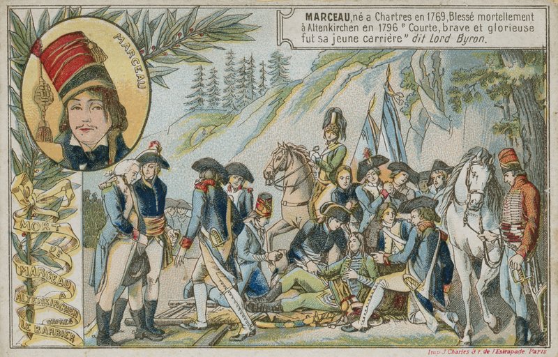 Byttekort med et bilde som viser døden til den franske generalen Marceau-Desgraviers av French School
