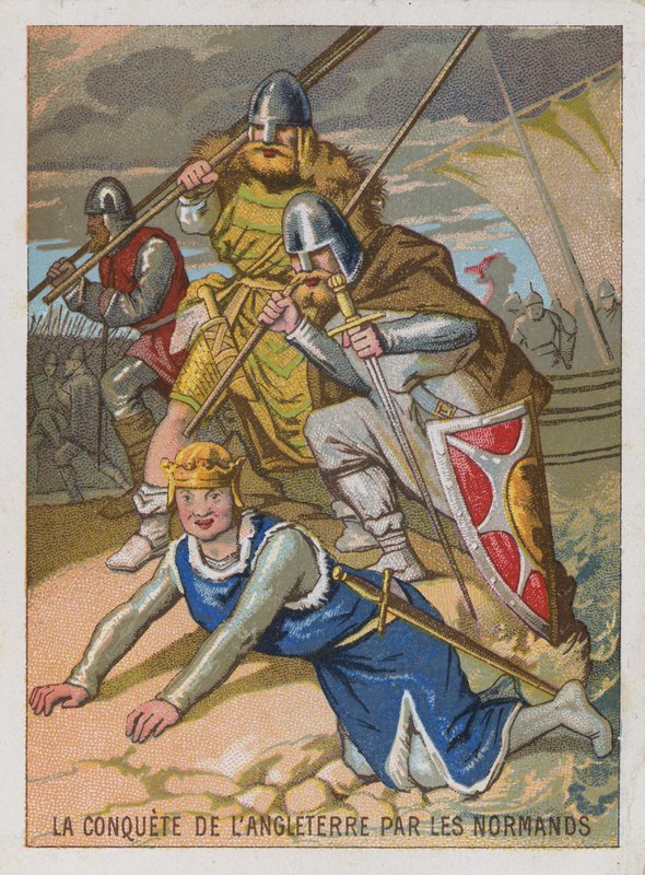 Byttekort med et bilde av erobringen av England av normannerne av French School