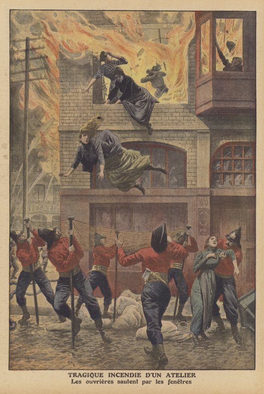 Tragisk brann i et verksted i Newark, New Jersey (farge litho) av French School