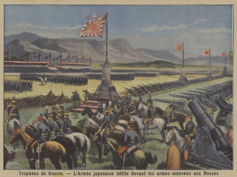 Krigstrofeer: den japanske hæren paraderer før russisk våpen ble tatt til fange i den russisk-japanske krigen (farge litho) av French School