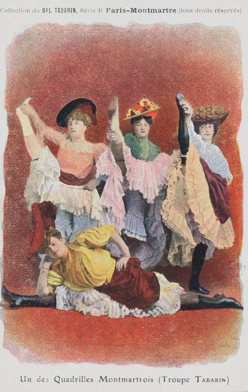Tropp Tabarin-dansere på Bal Tabarin (fargelitografi) av French School