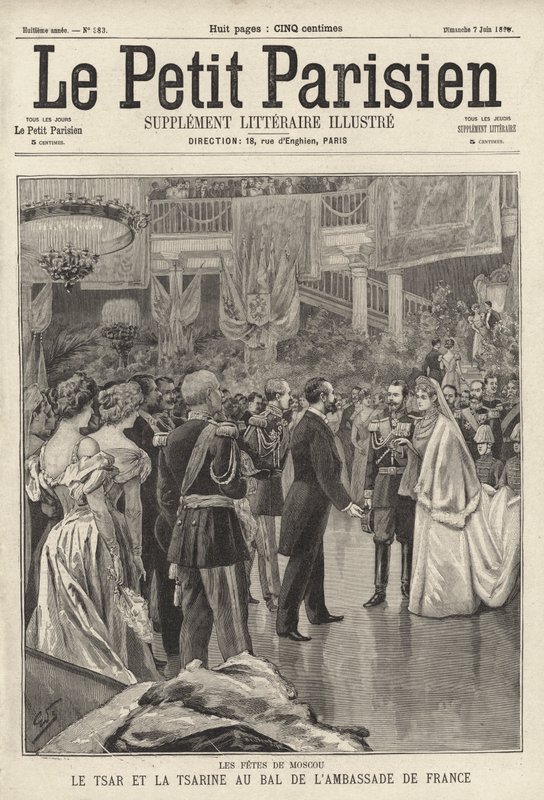 Tsar Nicholas II og Tsarina Alexandra deltar på et ball til ære for dem som ble holdt ved den franske ambassaden i Moskva etter deres kroning av French School