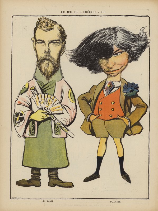 Tsar Nicholas II av Russland og den franske skuespillerinnen Polaire. Illustrasjon for Le Rire (farge litho) av French School