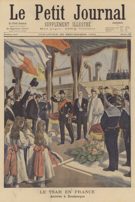 Tsar Nicholas II av Russland ankommer Dunkirk på sitt besøk i Frankrike (farge litho) av French School