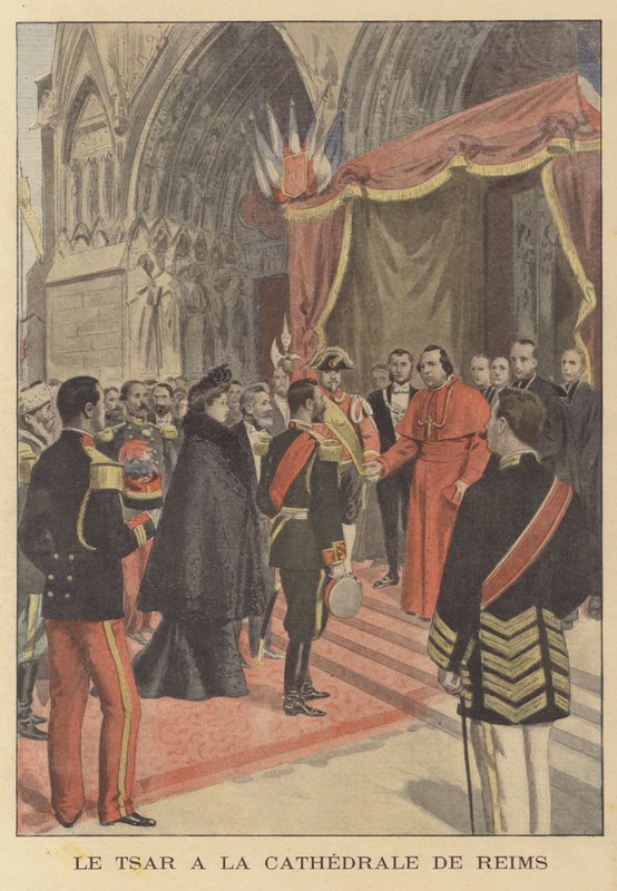 Tsar Nicholas II av Russland ved Reims katedral under sitt besøk i Frankrike (farge litho) av French School