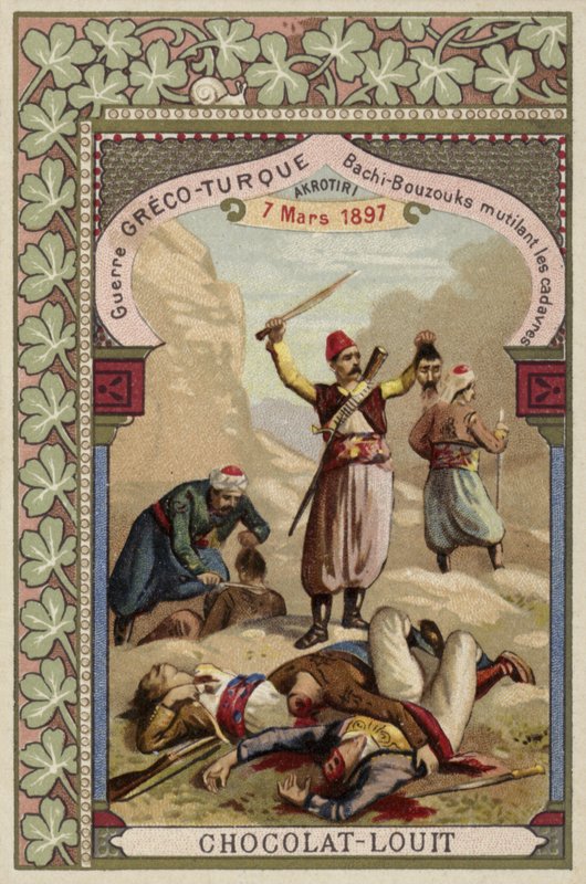 Tyrkiske bashi-bazouker som lemlester greske lik, Akrotiri, Kreta, gresk-tyrkisk krig, 7. mars 1897 av French School