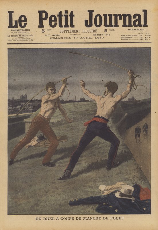 To drosjesjåfører kjemper i duell med hesteviskene sine (farge litho) av French School