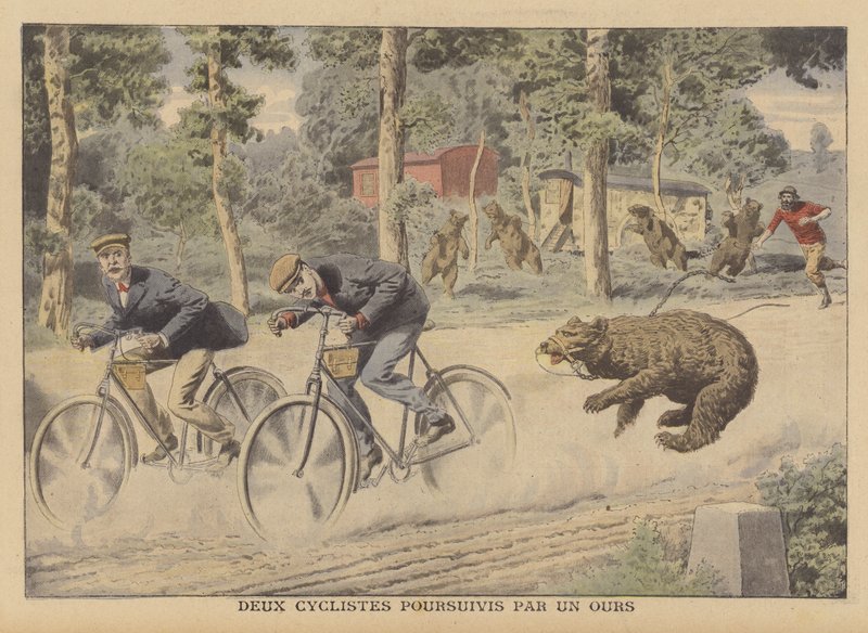 To syklister jaget av en rømt bjørn (farge litho) av French School