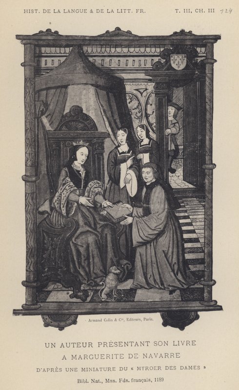 En forfatter som presenterer boken sin for Marguerite De Navarre (litho) av French School