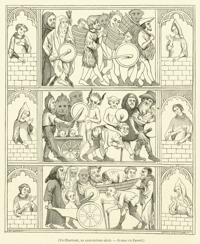 En Charivari, på 1300-tallet, Roman de Fauvel (gravering) av French School