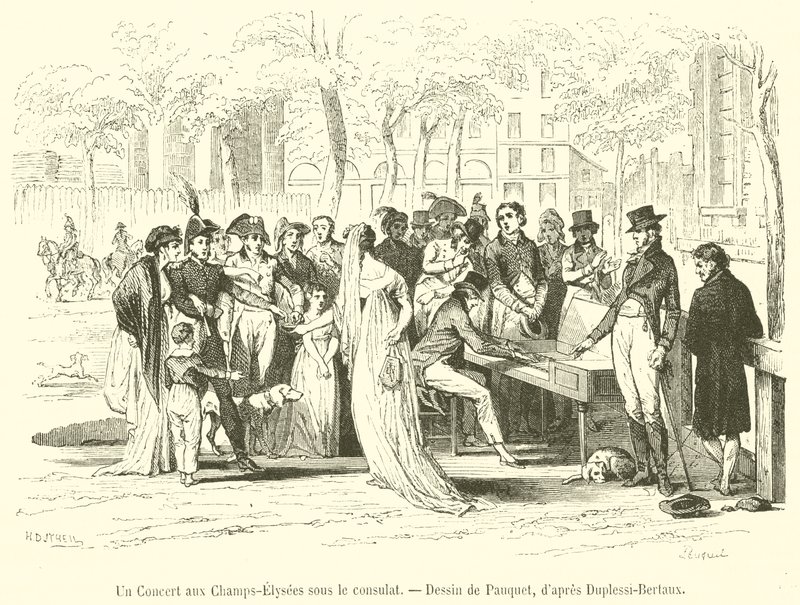 En konsert på Champs-Elysees under konsulatet (gravering) av French School