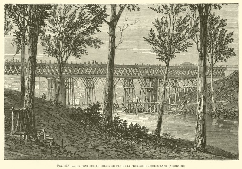 En bro på Queensland Province Railway, Australia (gravering) av French School