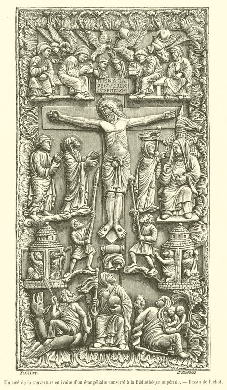 Den ene siden av elfenbensdekselet til et evangelium bevart i Imperial Library (gravering) av French School