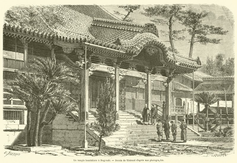 Et buddhistisk tempel i Nagasaki (gravering) av French School