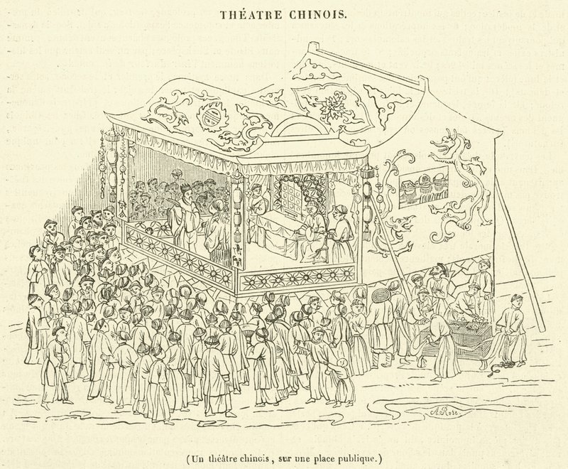 Et kinesisk teater, på et offentlig torg (gravering) av French School