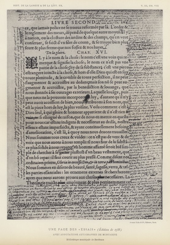 En side fra essayene, 1588-utgaven, med autografkommentarer av Montaigne (litho) av French School
