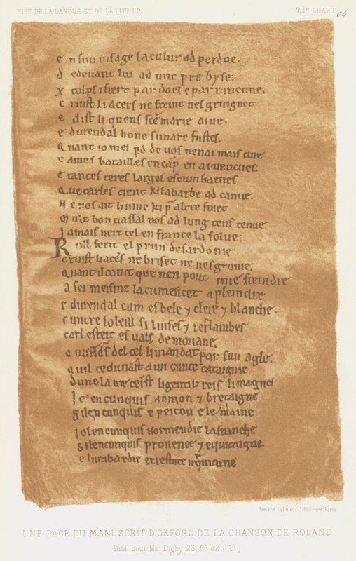 En side fra Oxford-manuskriptet til sangen til Roland (farge litho) av French School