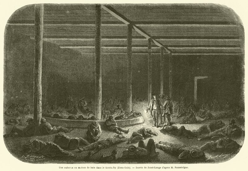 Et vertshus eller trehus i Kentucky (USA) (gravering) av French School