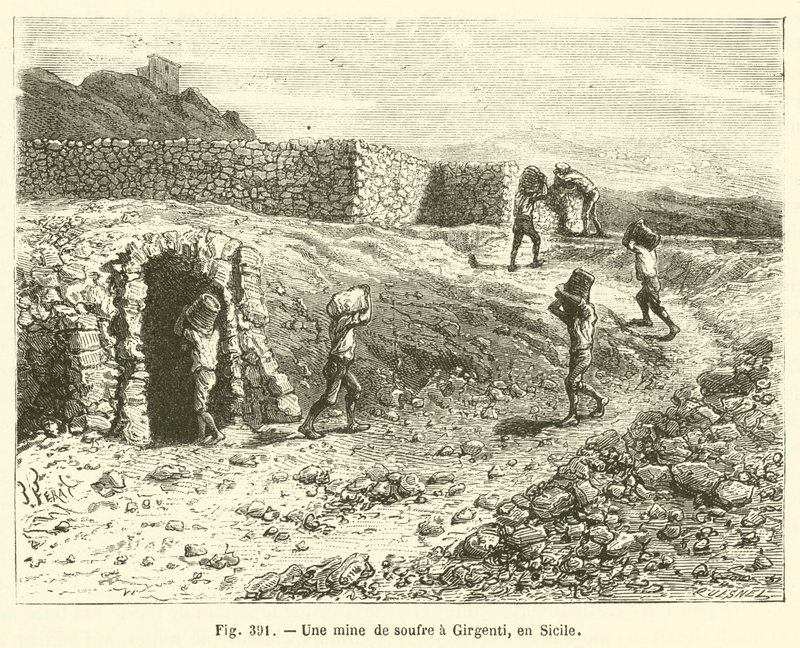 En svovelgruve ved Girgenti, Sicilia (gravering) av French School