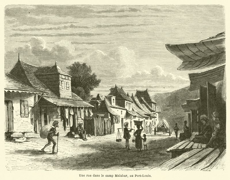 En gate i Malabar-leiren, i Port-Louis (gravering) av French School