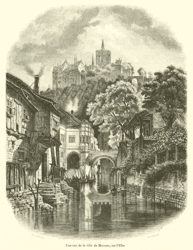 En gate i byen Meissen, ved Elben (gravering) av French School