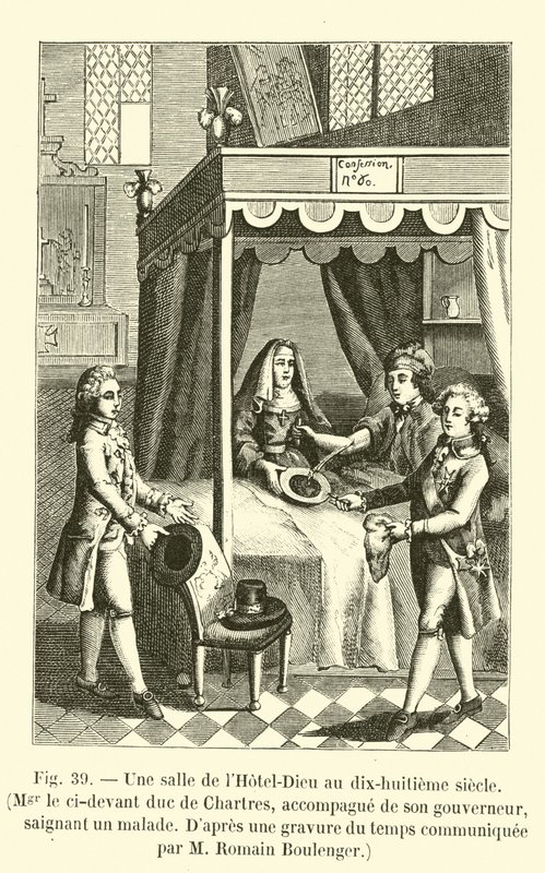 Et rom på Hotel-Dieu på det attende århundre, Mgr ci-devant hertugen av Chartres, akkompagnert av sin guvernør, blødende en pasient, Etter en gravering av tiden formidlet av M Romain Boulenger (eng. av French School