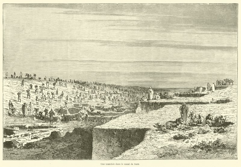 En grøft i Suez-kanalen (gravering) av French School