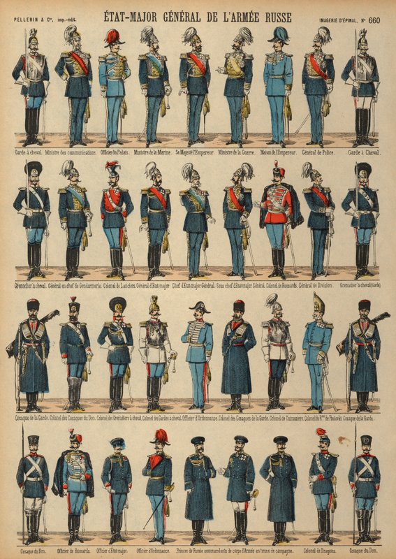 Uniformer av den russiske hæren (farget gravering) av French School