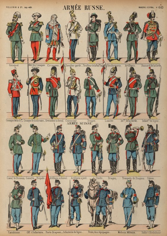 Uniformer av de russiske og sveitsiske hærene (farget gravering) av French School