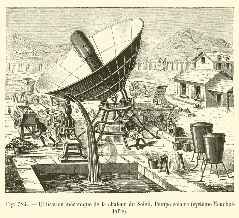 Mekanisk bruk av solens varme, solpumpe, Mouchot-Pifre-system (gravering) av French School