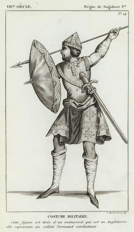 VII Century, Reign of Dagobert I, Militærdrakt (gravering) av French School