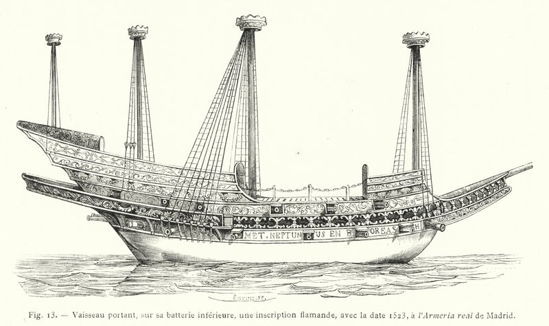 Fartøy med, på det nedre batteriet, en flamsk inskripsjon, med datoen 1523, ved Armeria real de Madrid (gravering) av French School