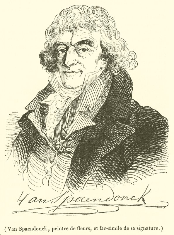 Van Spaendonck, maler av blomster, og faksimile av signaturen hans (gravering) av French School