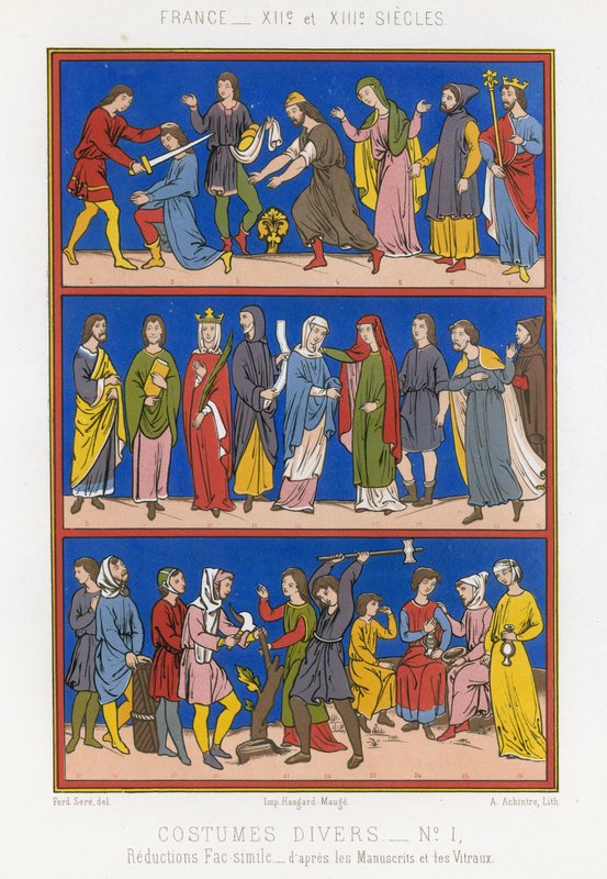 Ulike kostymer fra 1100- og 1200-tallets Frankrike av French School