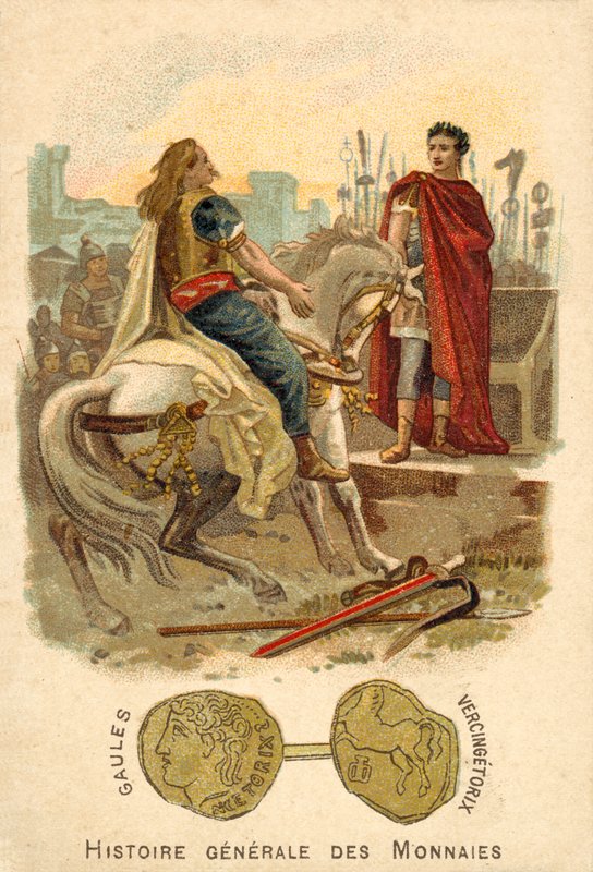 Vercingetorix underkaster seg Julius Caesar, 52 f.Kr. (kromolitt) av French School