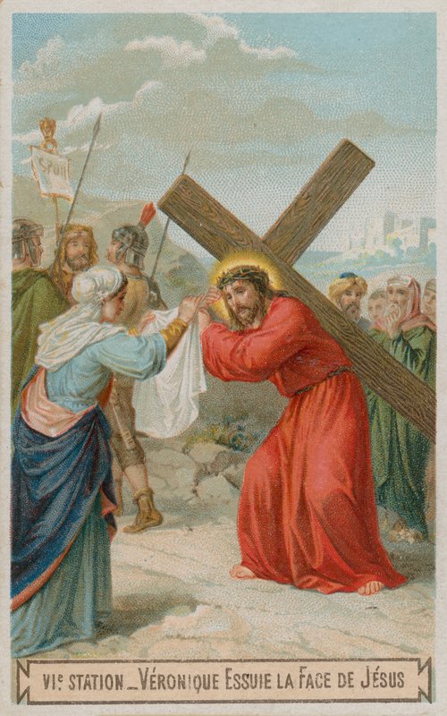 Veronica tørker ansiktet til Jesus. Den sjette korsstasjonen av French School