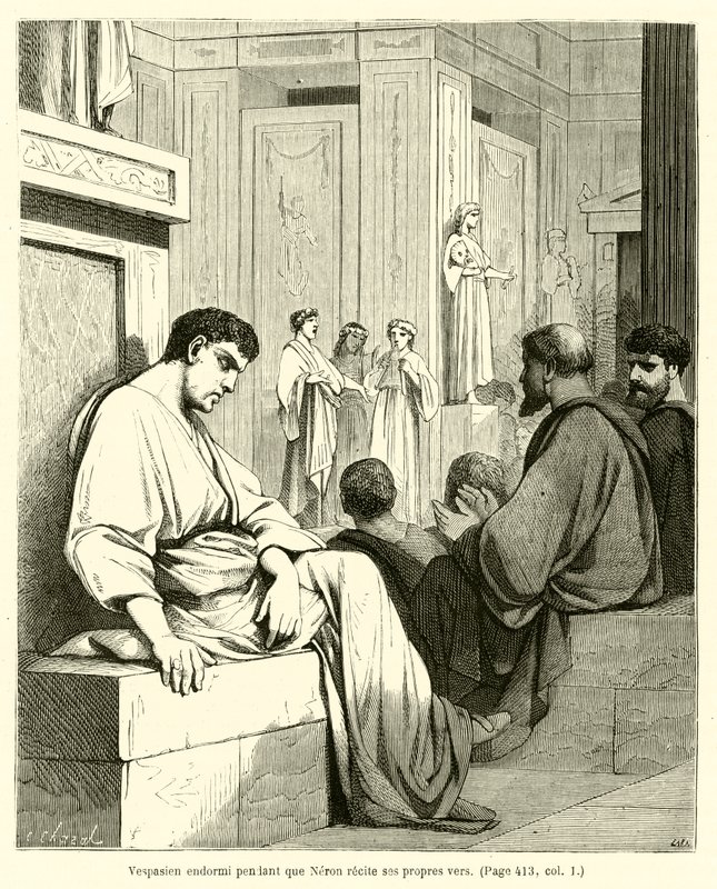 Vespasian sover mens Nero resiterer sine egne vers (gravering) av French School