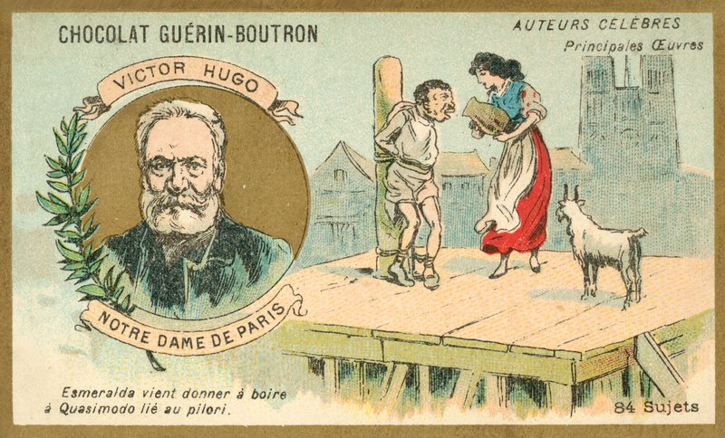 Victor Hugo, fransk forfatter, og en scene fra romanen hans Notre Dame de Paris (chromolitho) av French School