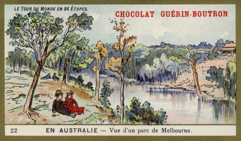 Utsikt over en park i Melbourne, Australia (chromolitho) av French School